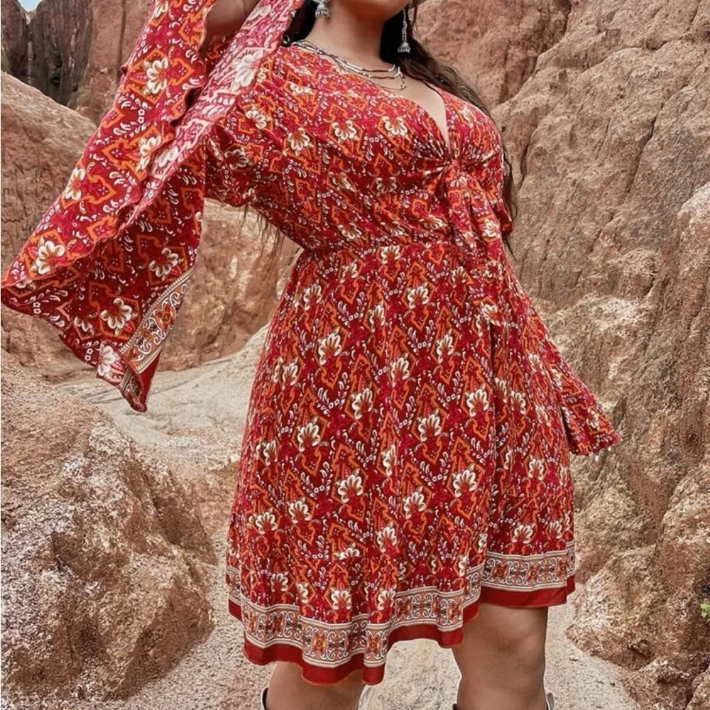 Boho flounce sleeve tie front dress - Picture 5 of 5